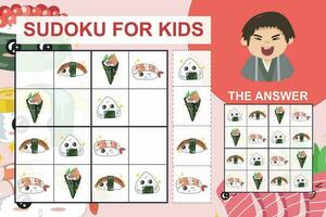 sudoku feuille pour enfants. éducation feuille de travail pour les enfants. imprimable puzzle Jeu pour préscolaire. kawaii mignonne Sushi collectes. vecteur déposer.