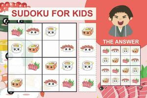 sudoku feuille pour enfants. éducation feuille de travail pour les enfants. imprimable puzzle Jeu pour préscolaire. kawaii mignonne Sushi collectes. vecteur déposer.