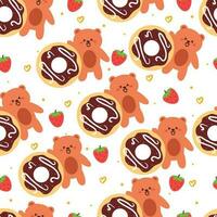 sans couture modèle dessin animé ours et Donut. mignonne animal fond d'écran illustration pour cadeau emballage papier vecteur