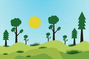 une dessin animé de des arbres dans une champ avec le Soleil brillant sur eux. vecteur