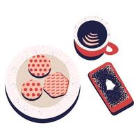 ensemble d'objets plaque de téléphone avec biscuits et tasse de café vecteur