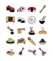 les icônes de menu oriental de sushi définissent l'icône de style de ligne et de remplissage vecteur