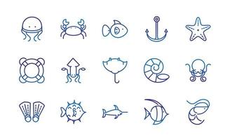 vie marine, animaux marins, et équipement, ligne épaisse, icônes bleues vecteur