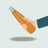 main en portant une bouteille de Orange sirop conception vecteur illustration