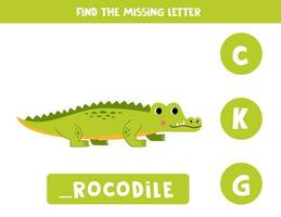 trouver disparu lettre avec dessin animé crocodile. orthographe feuille de travail. vecteur