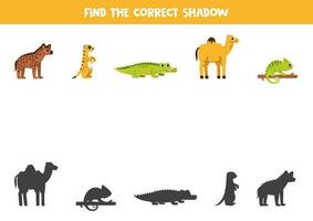 trouver ombres de mignonne africain animaux. éducatif logique Jeu pour enfants. imprimable feuille de travail pour enfants d'âge préscolaire. vecteur