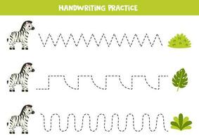 écriture entraine toi avec mignonne zèbre. tracé lignes pour enfants d'âge préscolaire. vecteur illustration.