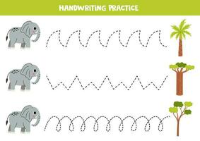 écriture entraine toi avec mignonne l'éléphant. tracé lignes pour enfants d'âge préscolaire. vecteur illustration.