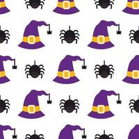 Halloween sans couture modèle avec violet sorcier Chapeaux et araignées. vecteur