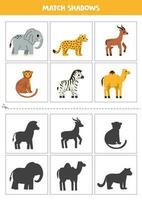 trouver ombres de mignonne africain animaux. cartes pour enfants. vecteur
