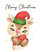 mignonne joyeux Noël renne animal écraser enveloppé présent boîte, joyeux Noël, dessin animé animal personnage aquarelle main dessin vecteur illustration