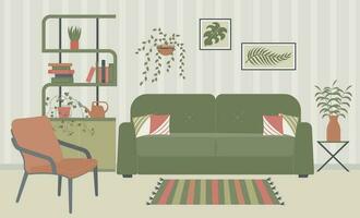intérieur conception de le vivant pièce avec meubles. canapé avec oreillers, étagères, peintures sur le mur, intérieur végétaux, arrosage peut, fauteuil, tapis, livres. vecteur