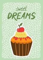 salutation carte modèle avec mignonne dessin animé petit gâteau pour anniversaire, valentines jour, album ou boulangerie conception carte postale, affiche ou bannière vecteur
