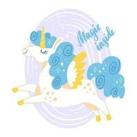 mignonne dessin animé personnage Licorne avec une bleu crinière vecteur