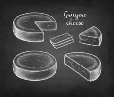 Gruyère fromage ensemble. craie esquisser sur tableau noir Contexte. main tiré vecteur illustration. ancien style accident vasculaire cérébral dessin.