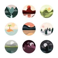 paysage nature montagnes océan et forêt en cercle icônes définies icône de style plat vecteur