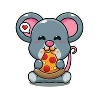 mignonne Souris en mangeant Pizza dessin animé vecteur illustration.