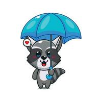 mignonne raton laveur en portant parapluie dessin animé vecteur illustration.