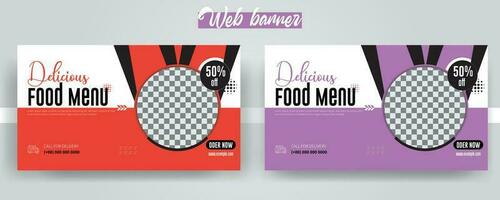 délicieux nourriture menu la toile bannière modèle conception, Frais en bonne santé nourriture social médias couverture modèle vecteur avec différent couleurs. restaurant promotion la toile bannière conception pour numérique commercialisation.