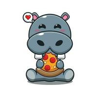 hippopotame en mangeant Pizza dessin animé vecteur illustration.