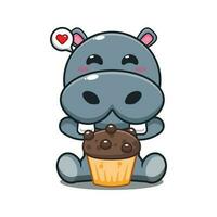 hippopotame avec tasse gâteau dessin animé vecteur illustration.
