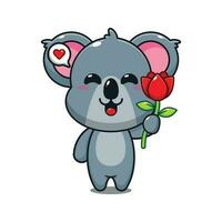 mignonne koala en portant Rose fleur dessin animé vecteur illustration.