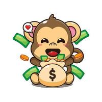 mignonne singe avec argent sac dessin animé vecteur illustration.