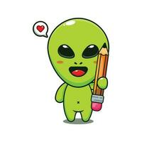 mignonne extraterrestre en portant crayon dessin animé vecteur illustration.