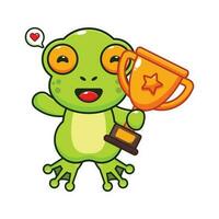 mignonne grenouille en portant or trophée tasse dessin animé vecteur illustration.