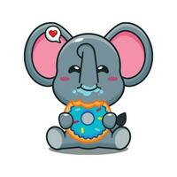 mignonne l'éléphant en mangeant Donut dessin animé vecteur illustration.