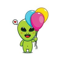 mignonne extraterrestre avec ballon dessin animé vecteur illustration.