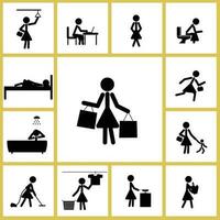 une journée de une femme vecteur dans stickman style. une femme du quotidien Activités noir symbole sur blanc Contexte. bâton figure icône.