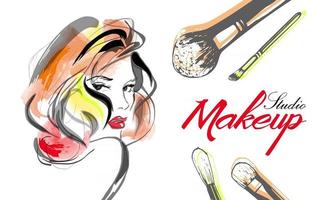 illustration vectorielle dessinés à la main avec concept de pinceaux de femme et de maquillage pour les procédures de cosmétologie d'étiquette de cosmétiques de salon de beauté visage et maquillage vecteur