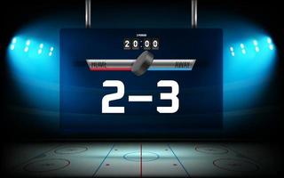 stade de hockey sur glace illuminé avec tableau de bord et score du match vecteur