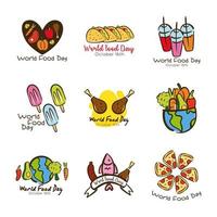 paquet de neuf lettrages de célébration de la journée mondiale de l'alimentation icônes de style plat vecteur