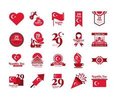 ensemble de vingt icônes de style plat cumhuriyet bayrami vecteur