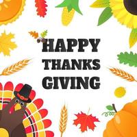 joyeux thanksgiving day design plat style poster vector illustration avec dinde feuilles d'automne tournesol maïs et citrouille dinde avec chapeau et plumes colorées célébrer les vacances