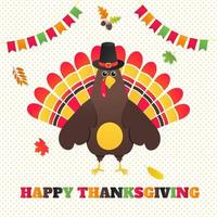 joyeux thanksgiving jour plat style design affiche illustration vectorielle avec texte de la dinde donner les remerciements et dinde feuille d'érable automne avec chapeau et plumes colorées célèbrent les vacances vecteur