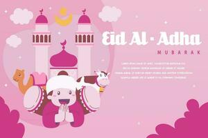 saint eid Al adha mubarak mignonne bannière dessin animé griffonnage. islamique et arabe salutation prospectus pour musulman communauté Festival graphique impression vecteur