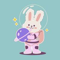 mignonne espace lapin astronaute en portant Saturne planète vecteur