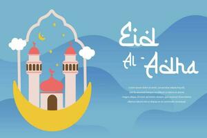 saint eid Al adha mubarak mignonne bannière dessin animé griffonnage. islamique et arabe salutation prospectus pour musulman communauté Festival graphique impression vecteur