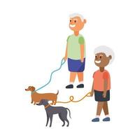 vieux couple interracial marchant avec des personnages de mascottes de chiens vecteur