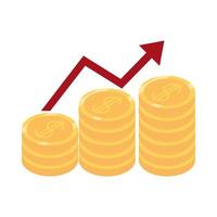 isométrique argent cash devise profit flèche pièces de monnaie graphique isolé sur fond blanc icône plate vecteur