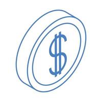 argent isométrique pièce d'or monnaie en espèces isolé sur fond blanc icône bleue linéaire vecteur