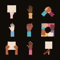 paquet de neuf mains protester ensemble icônes vecteur