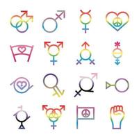 ensemble de seize symboles de genre d'icônes de style dégradé d'orientation sexuelle vecteur