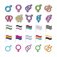ensemble de symboles de genre d'orientation sexuelle et de drapeaux icônes de style multi vecteur