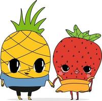 ananas et fraises aiment les fruits cartoon jus d'ananas personnages mignons tenant par la main amour valentines day vector illustration isolé