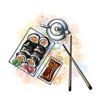 menu de la cuisine japonaise végétarienne définie à partir d'une touche de croquis dessinés à la main aquarelle illustration vectorielle de peintures vecteur