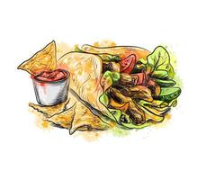 chips de nourriture mexicaine avec une tortilla nachos avec des sauces à partir d'une touche d'aquarelle croquis dessinés à la main illustration vectorielle de peintures vecteur